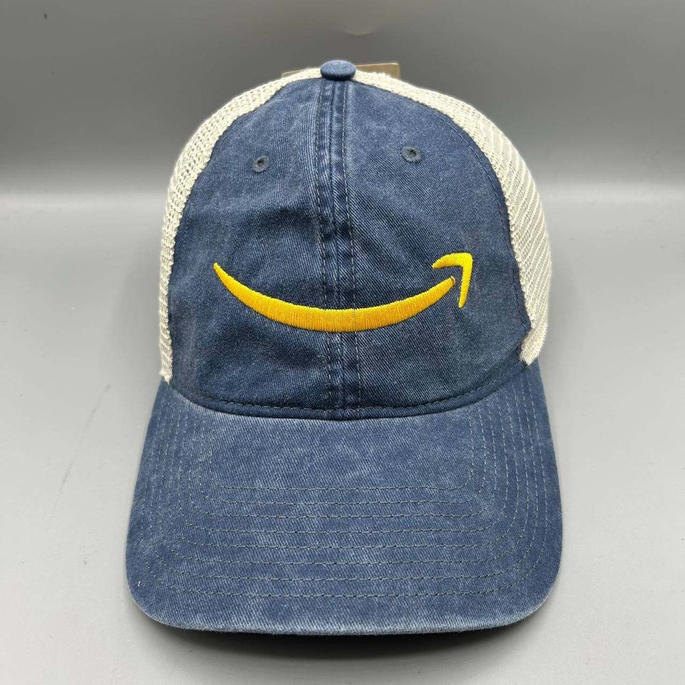Amazon Logo Trucker Hat Men Blue Tan The Game Snap Back Cap New